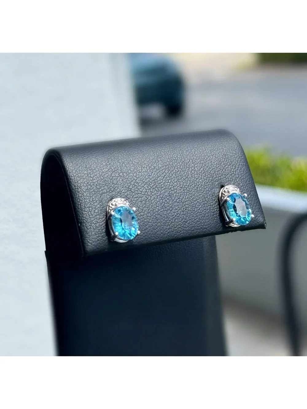 14k solid white gold aquamarine stone natural diamond 1.51CTW stud earrings
